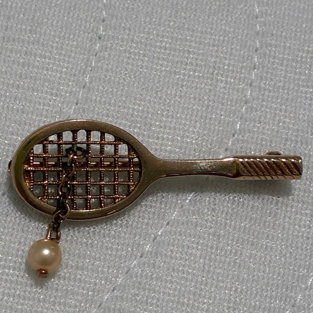 Vintage Avon Tennis Racket Brooch Gold Tone Faux Pearl Tennis Ball Pin Signed